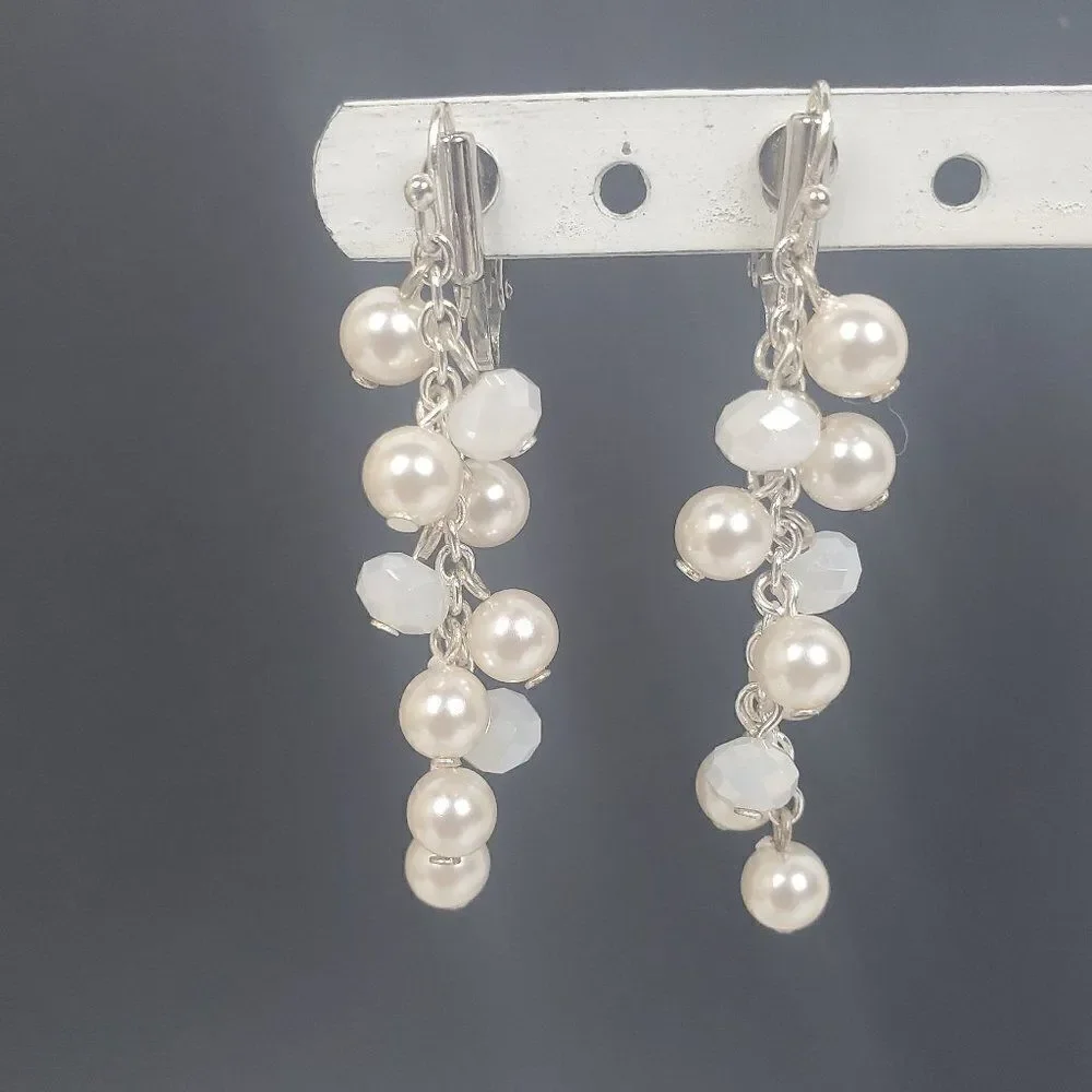 Vintage Faux Pearl Bead Opaque White Glass Silver Tone Dangle Drop Clip Earrings